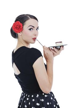 pretty young happy woman with travel bag waiting and posing isolated on white backround  in studio