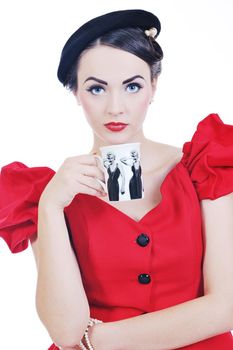 beautiful young woman isolated on white in studio in old fashion clothes representing pinup and retro style