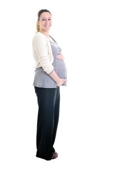 one happy pregnant woman smile isolated on white in studio