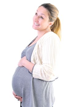 one happy pregnant woman smile isolated on white in studio