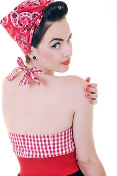 beautiful young woman isolated on white in studio in old fashion clothes representing pinup and retro style