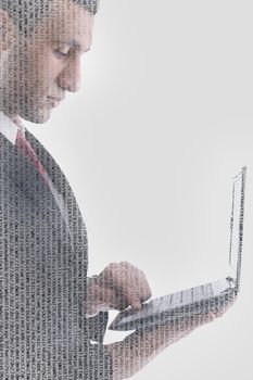 double exposure of business man working on laptop computer and abstract programming code numbers