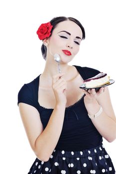 pretty young happy woman with travel bag waiting and posing isolated on white backround  in studio