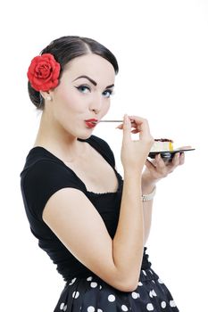 pretty young happy woman with travel bag waiting and posing isolated on white backround  in studio