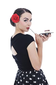 pretty young happy woman with travel bag waiting and posing isolated on white backround  in studio