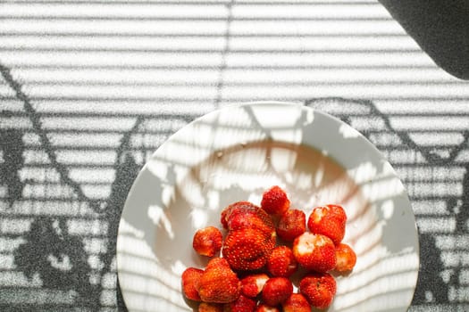 Top view of a ceramic plate full of fresh and sweet organic strawberries picked in the garden in sunlight. Window shade on the kitchen table.