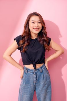 Summer Fashion smiling Women in Trendy spring and fashion working women for work day, pink background and pastel tone. Lifestyle and Summer