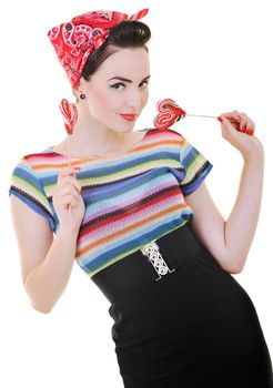 happy young woman with lollipo candy isolated on white 