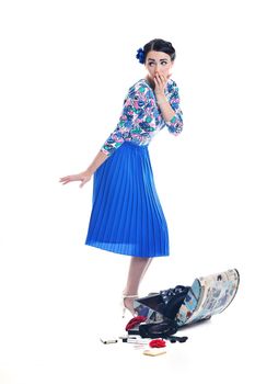 pretty young happy woman with travel bag waiting and posing isolated on white backround  in studio