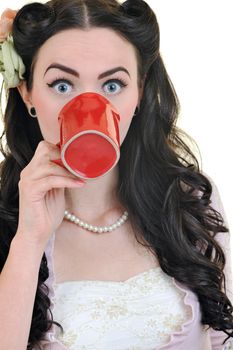 beautiful happy young woman with red coup of coffee isolated on white