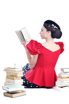 young student woman in retro clothes read book and get education for exam study isolated on white backround