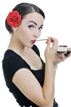 pretty young happy woman with travel bag waiting and posing isolated on white backround  in studio