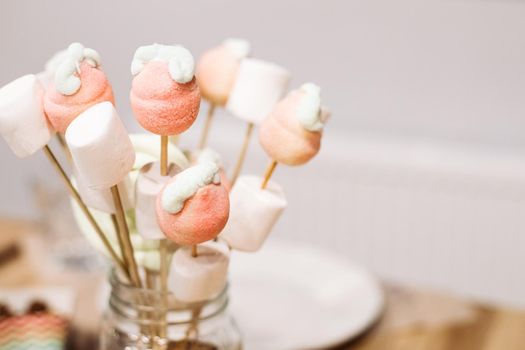 Sweets, vanilla marshmallows and lollipops on sticks for festive dining. Party catering, advertising of confectionery. High quality photo
