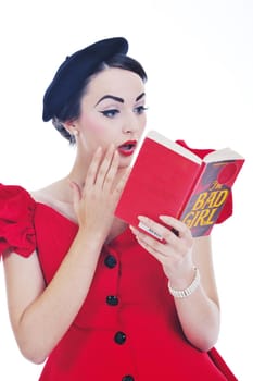 young student woman in retro clothes read book and get education for exam study isolated on white backround