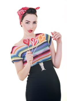 happy young woman with lollipo candy isolated on white