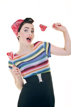 happy young woman with lollipo candy isolated on white