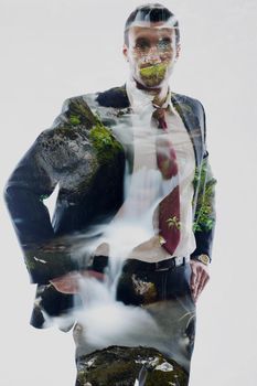 double exposure of business man and creek in forest background abstract design