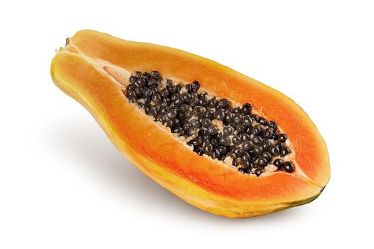 Single half ripe papaya rotated isolated on white background