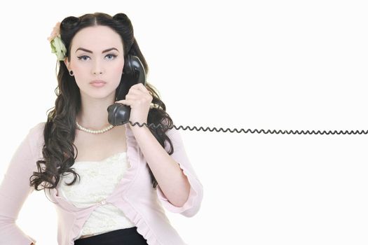 beautiful young woman girl talking on old phone isolated on white in studio