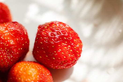 Macro stock photo of large organic sweet strawberries in sunlight. Strawberry texture in close-up. Seeds and dirt.