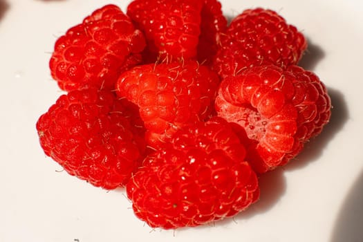 A picture of a few fresh pink raspberries lies on a white background. Background and picture for postcard.