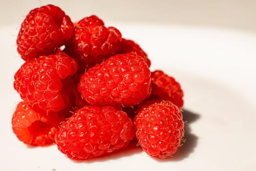 A picture of a few fresh pink raspberries lies on a white background. Background and picture for postcard.