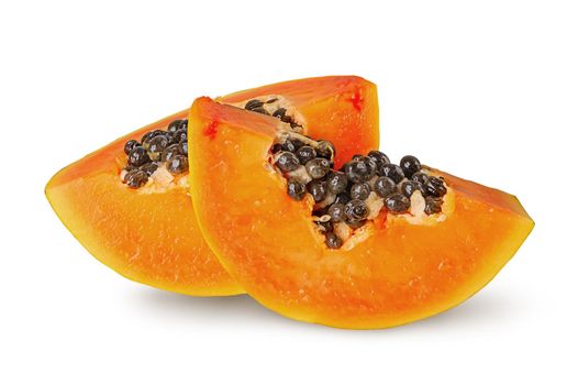 Two slices of ripe papaya isolated on white background