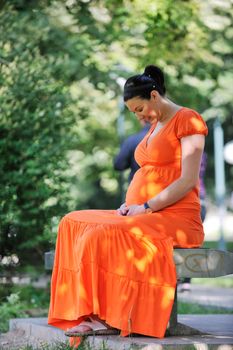 beautiful young happy pregnant woman outdoor in bright nature in orange dress