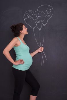 Portrait of happy pregnant woman with hands on belly in front of black chalkboard