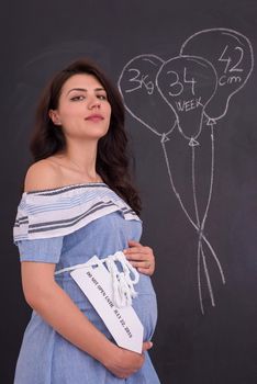 Portrait of happy pregnant woman with hands on belly in front of black chalkboard