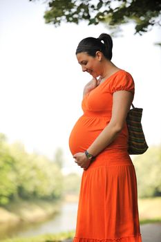 beautiful young happy pregnant woman outdoor in bright nature in orange dress