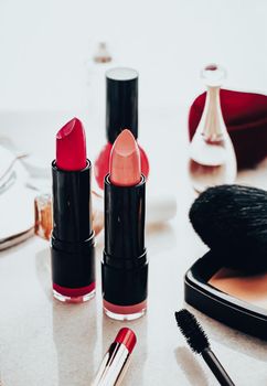 Beauty products and decorative cosmetics concept. Modern luxury make-up on vanity table as beauty blog background.