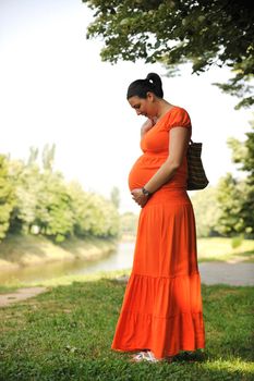 beautiful young happy pregnant woman outdoor in bright nature in orange dress