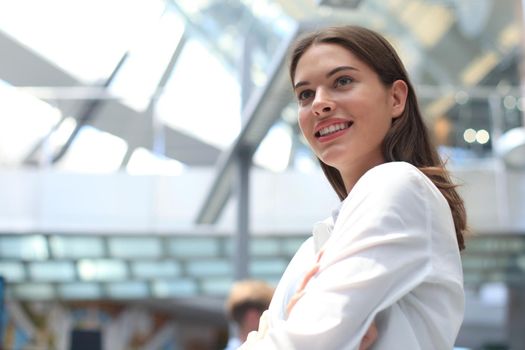 Modern business woman in the office with copy space