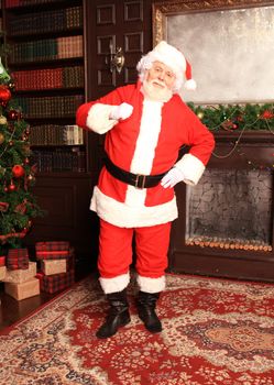 Traditional Santa Claus standing by the fireplace and Christmas tree in a room.