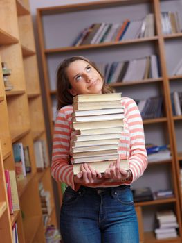 happy collage  school girl student portrait in  classrom and library