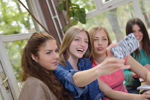 happy young teens group in school on chemisty lessons and library education