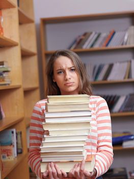 happy collage  school girl student portrait in  classrom and library