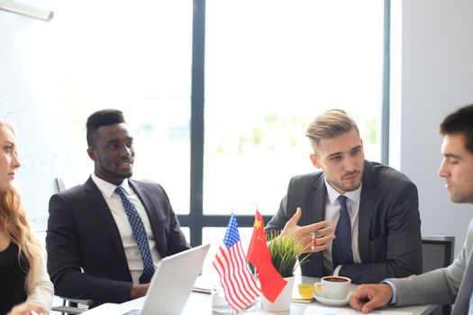 Diversity people talk the international conference partnership. American flag and British flag.