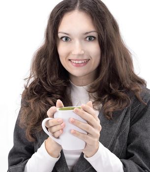 closeup.successful business woman with a Cup of coffee.isolated on white