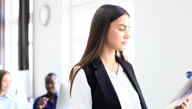 business woman with her staff, people group in background at modern bright office.