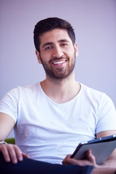 student working on tablet computer at university school modern interior