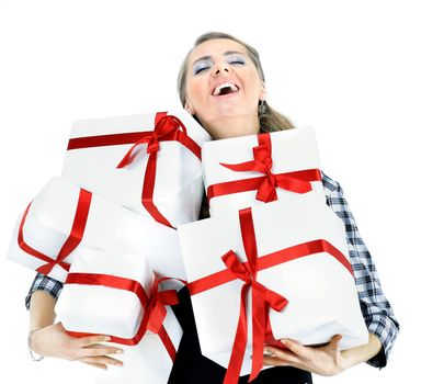 close up.happy young woman with gift boxes.isolated on white background.