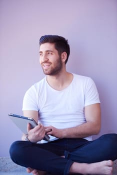 student working on tablet computer at university school modern interior