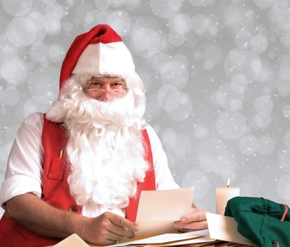 Closeup of Santa Claus letters from his mail bag. Horizontal format with ligh bokeh background.