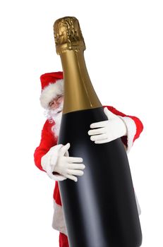 Santa Claus with his arms wrapped around a giant bottle of Champagne, isolated on white.