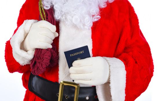 Closeup of Santa Claus with his passport in one hand and his bag over his sholulder.