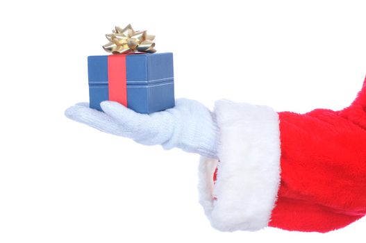 Santa Claus Outstretched Hand Holding Gift Box isolated on white