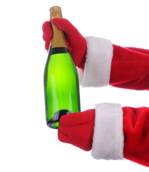Santa Claus outstretched arm holding a Champagne Bottle in both hands. Vertical format over a white background.