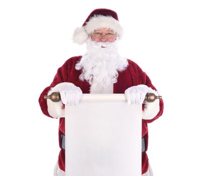 Santa Claus holding a scroll of paper in front of his body. The paper is blank with room for your copy.